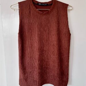 Zara| Textured Silky Red/Brown Crinkles Crew Neck Dressy Tank Top Sz XS